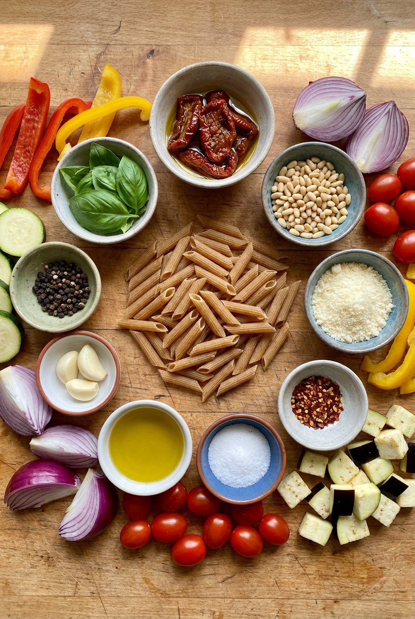 ingredients for Whole Grain Penne with Roasted Vegetables & Sun-Dried Tomato Pesto