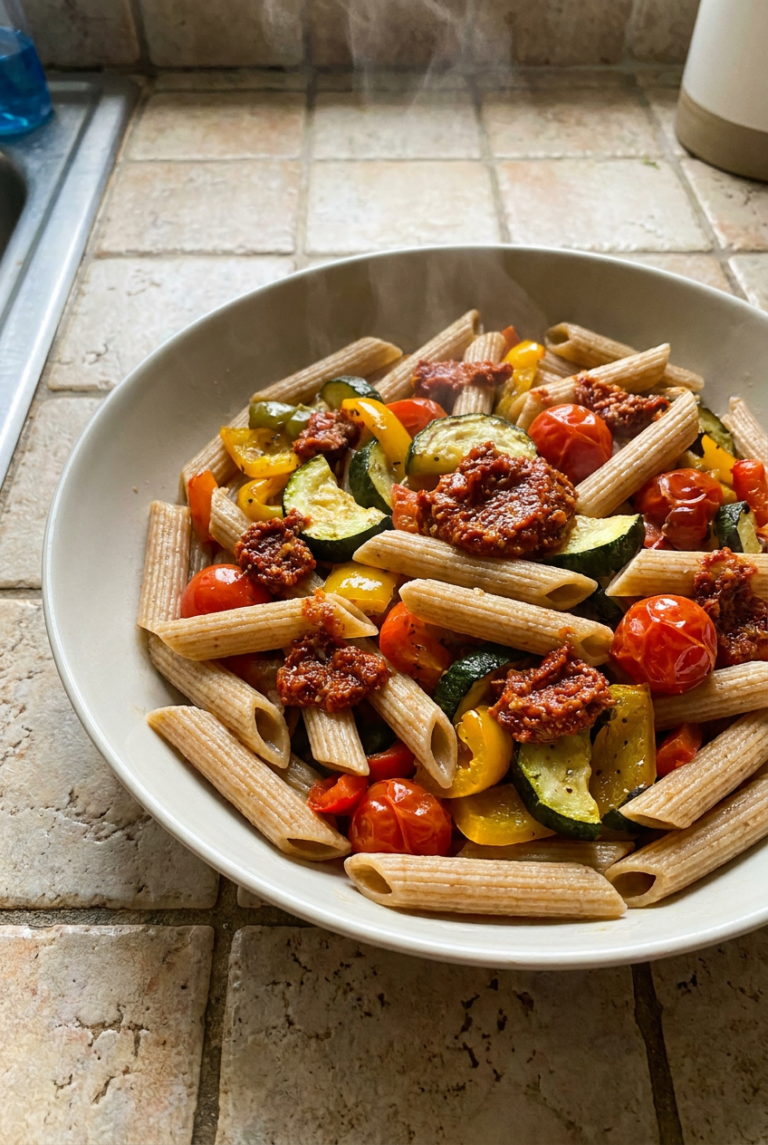 whole grain penne with roasted vegetables & sun-dried tomato pesto recipe - Whole Grain Penne with Roasted Vegetables & Sun-Dried Tomato Pesto served in a white bowl overhead view