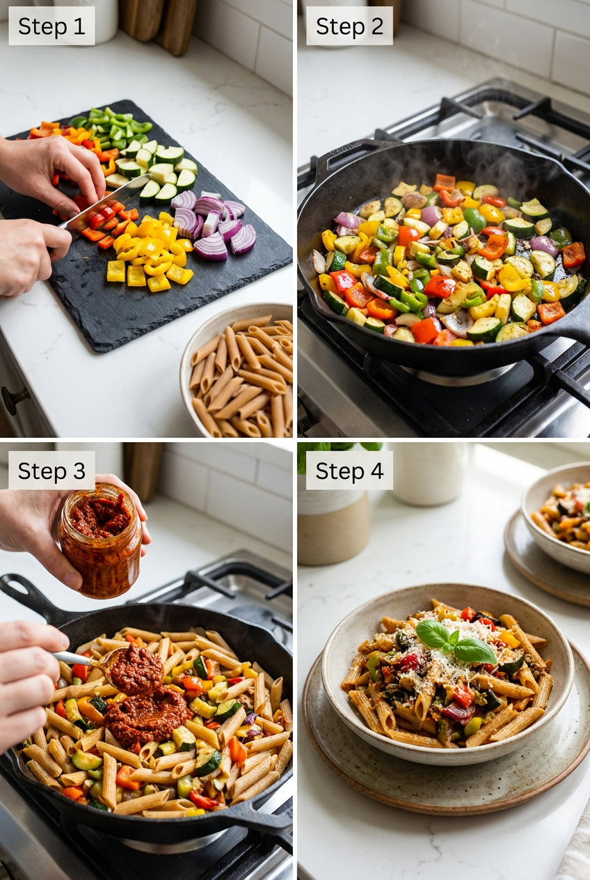 how to make Whole Grain Penne with Roasted Vegetables & Sun-Dried Tomato Pesto step by step