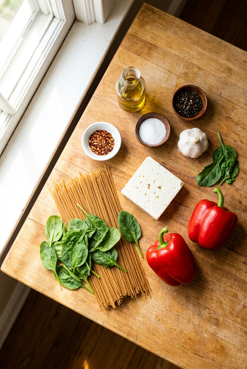 ingredients for Whole Wheat Pasta with Roasted Red Pepper Sauce, Spinach & Feta