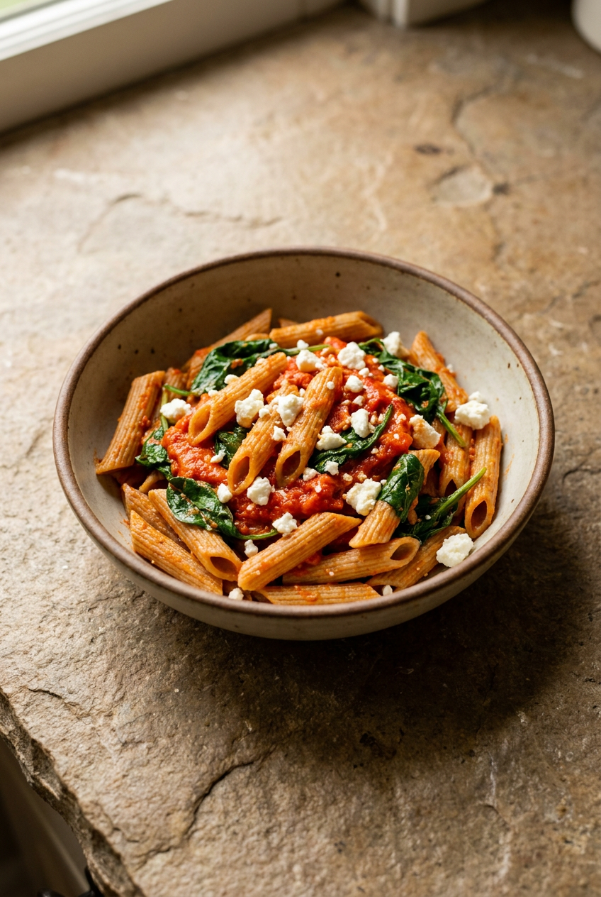 Whole Wheat Pasta with Roasted Red Pepper Sauce, Spinach & Feta