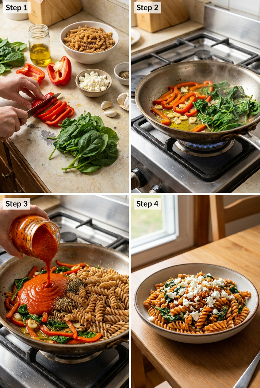 how to make Whole Wheat Pasta with Roasted Red Pepper Sauce, Spinach & Feta step by step