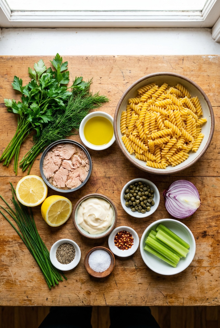 ingredients for Zesty Lemon Herb Tuna Pasta Salad