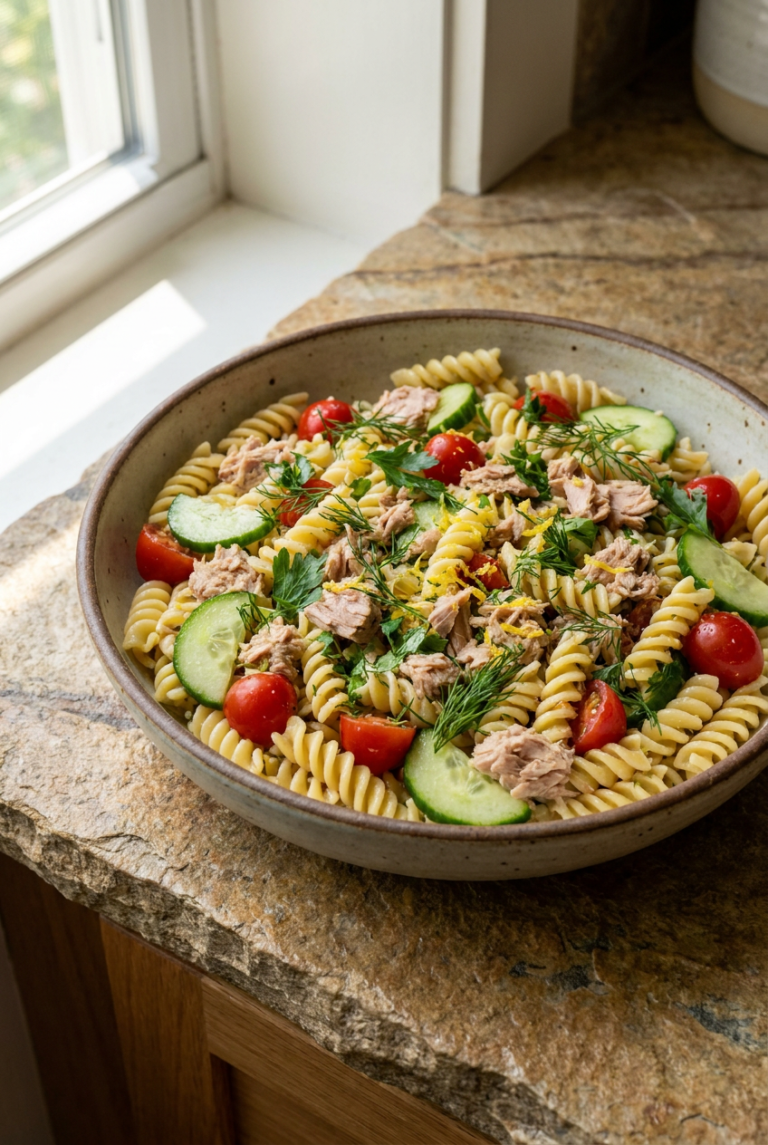 zesty lemon herb tuna pasta salad recipe - Zesty Lemon Herb Tuna Pasta Salad served in a white bowl overhead view